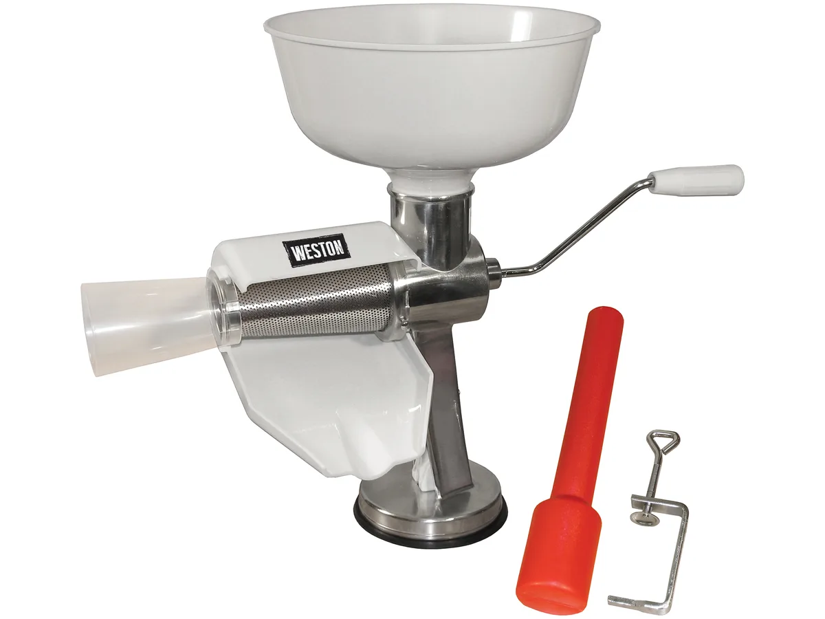Stainless steel hand-crank food strainer with hopper, suction cup and C-clamp