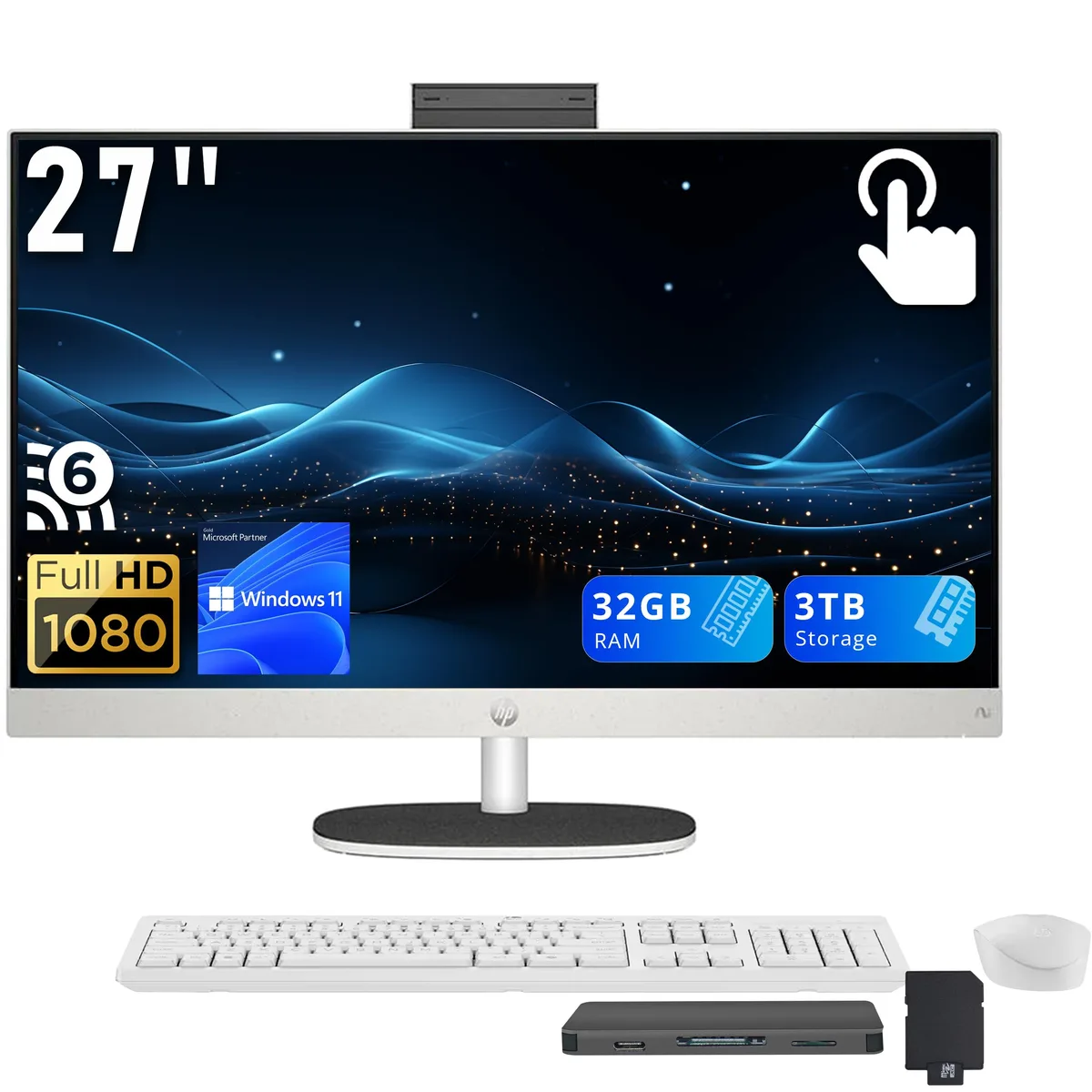 HP HP 27" FHD Touch All-in-One PC Ryzen AI 7 350 32GB DDR5 2TB SSD + 1TB Dock White — product photo
