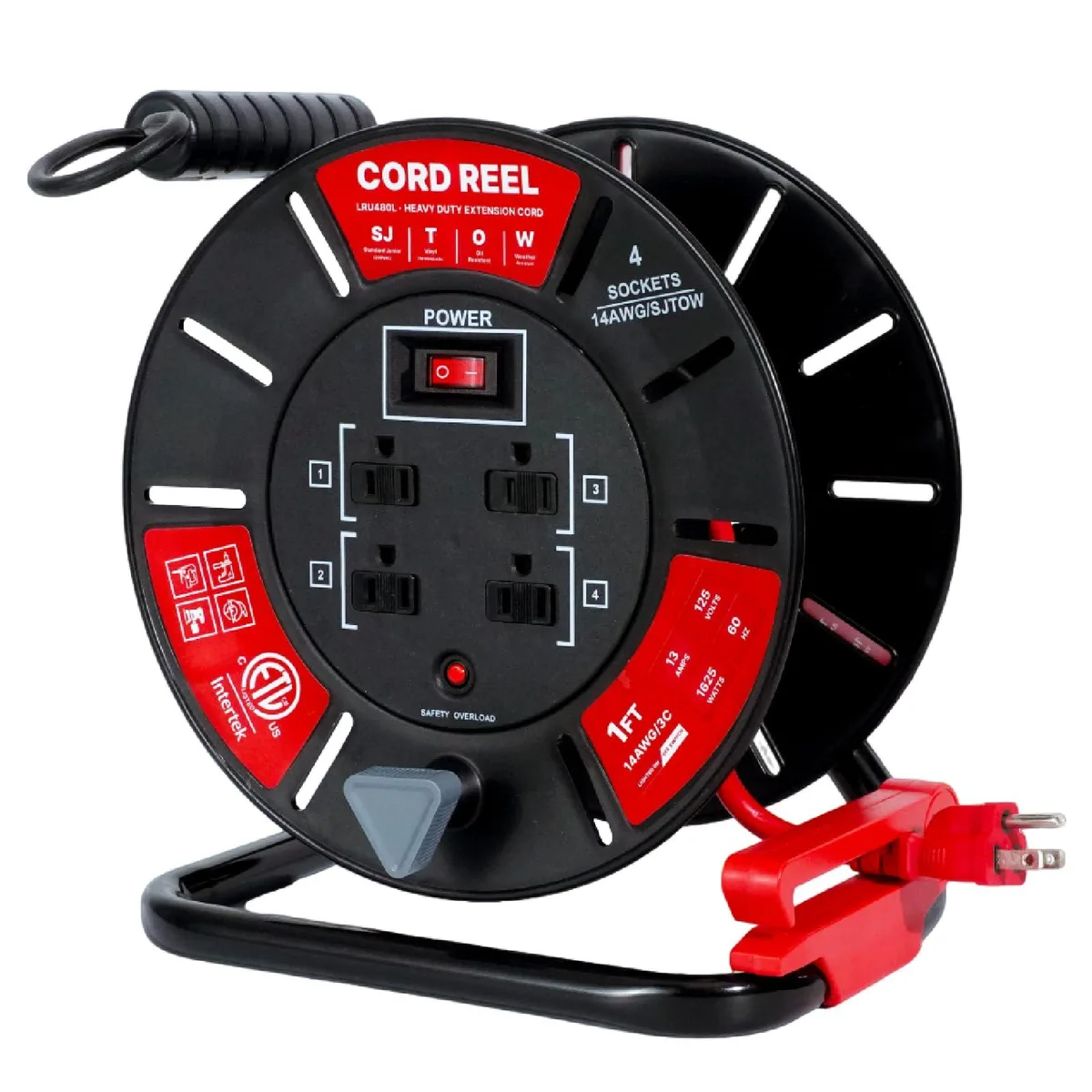  Klein Tools TX200 1ft Retractable Cord Reel 4 Outlets 13A 14AWG Red — product photo