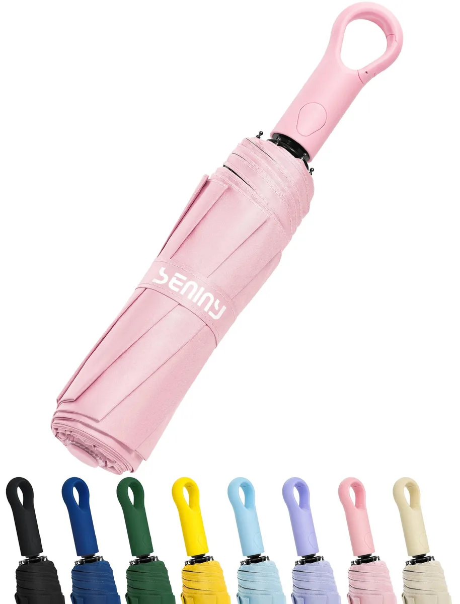 Seniny Compact Umbrella Auto Open 42.5 inch Pink Carabiner Handle — product photo