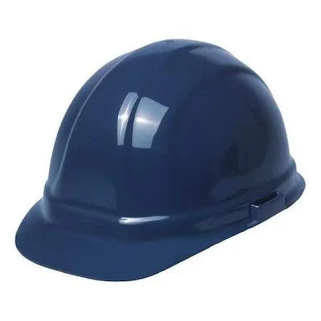 Dark blue polyethylene hard hat with six-point ratchet suspension and front brim