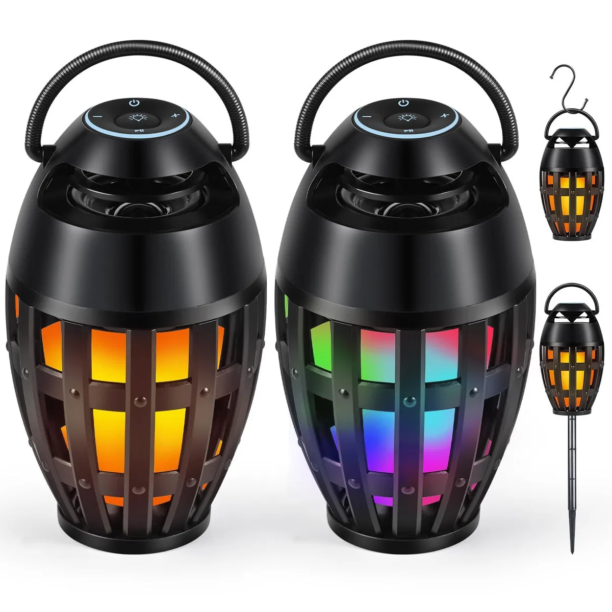 Pair of compact square outdoor speakers with LED flame lighting, dark finish, stakes and hooks included
