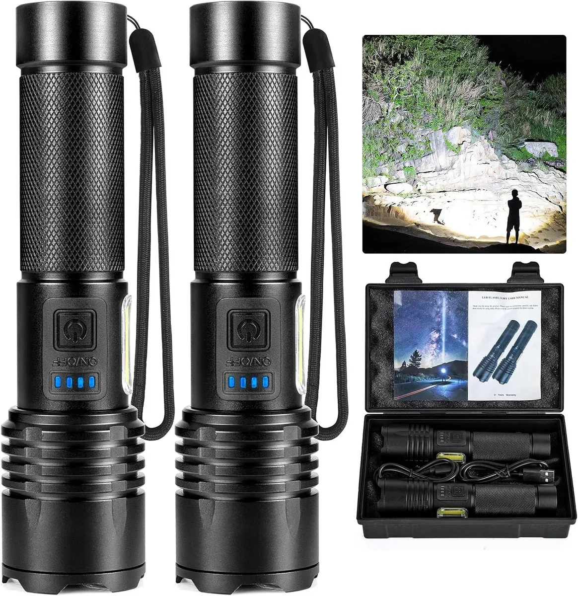 Black cylindrical rechargeable flashlight with side COB panel and four blue indicator lights