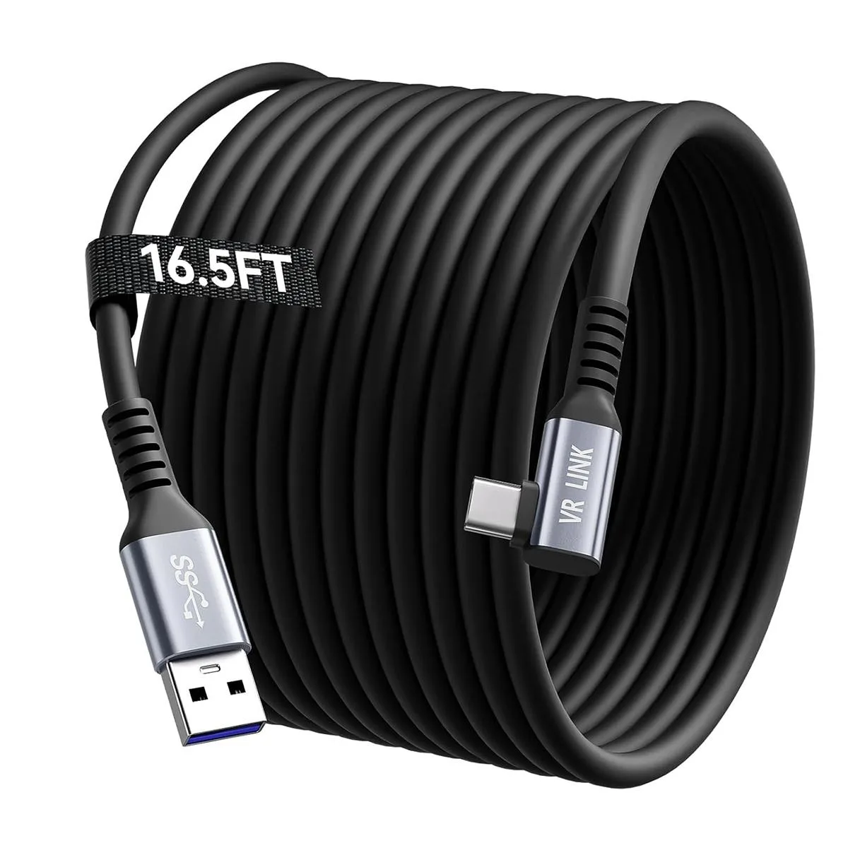 Black 16.5 ft USB A to C VR link cable with right-angle connector and hook-and-loop strap