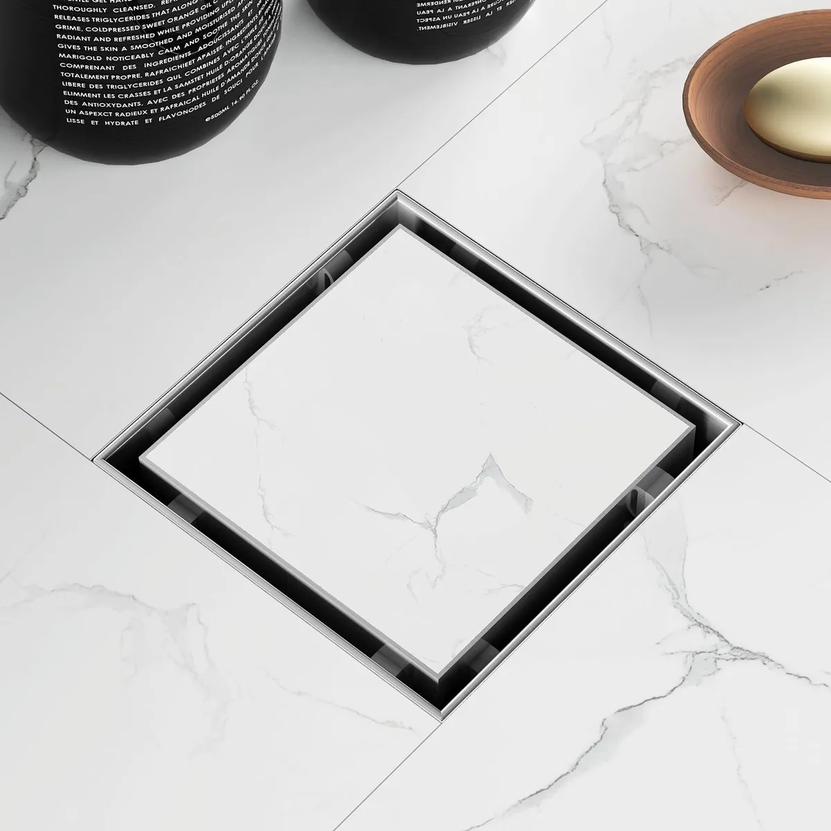 Square tile-insert shower drain in brushed 304 stainless steel, 4-inch frame with removable grate and hair strainer