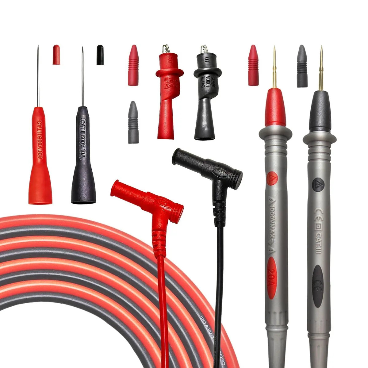 Red and black silicone test leads with gold probes, alligator clips, and fine back-probe needles