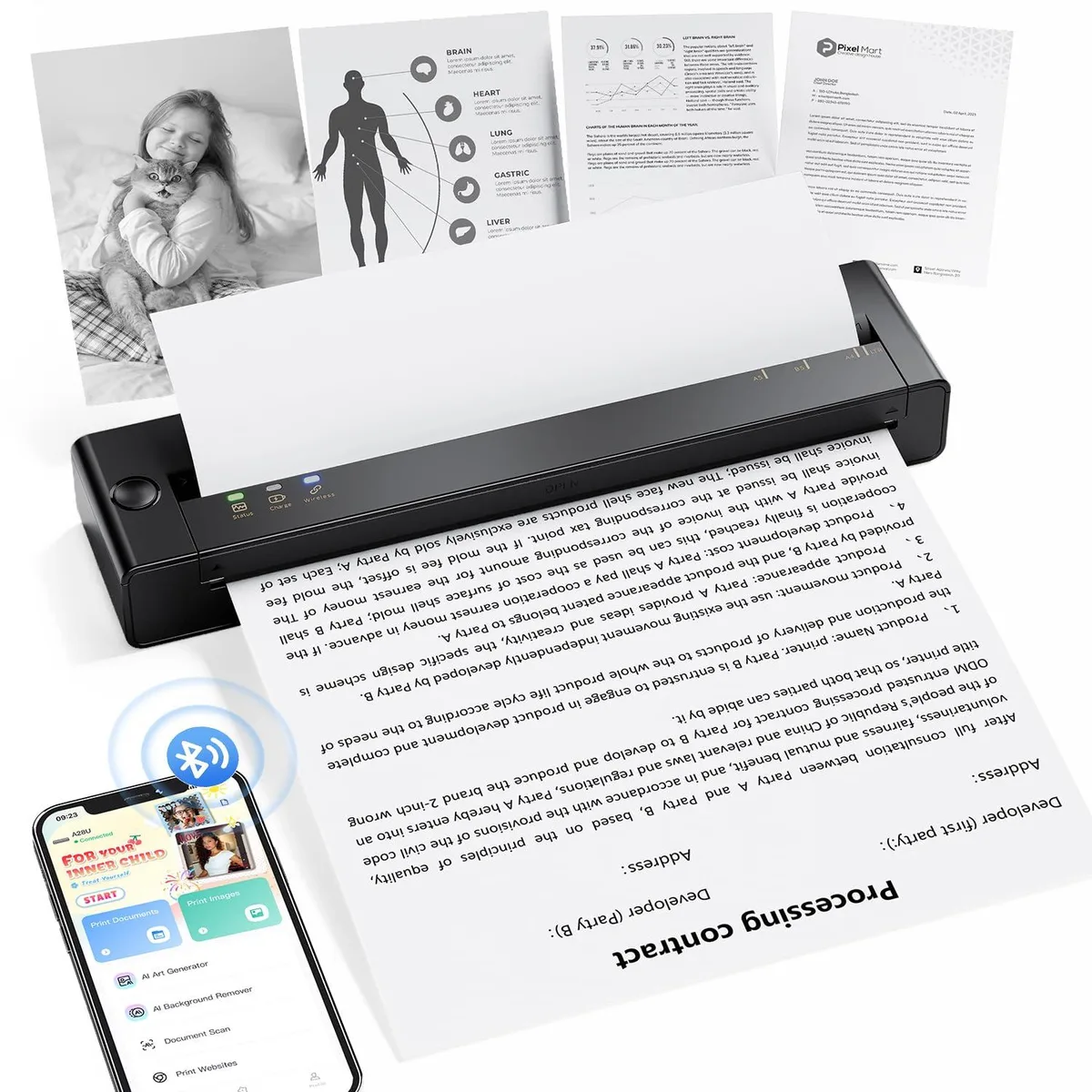 Compact white thermal receipt printer with rounded edges, Bluetooth label visible, 841 grams