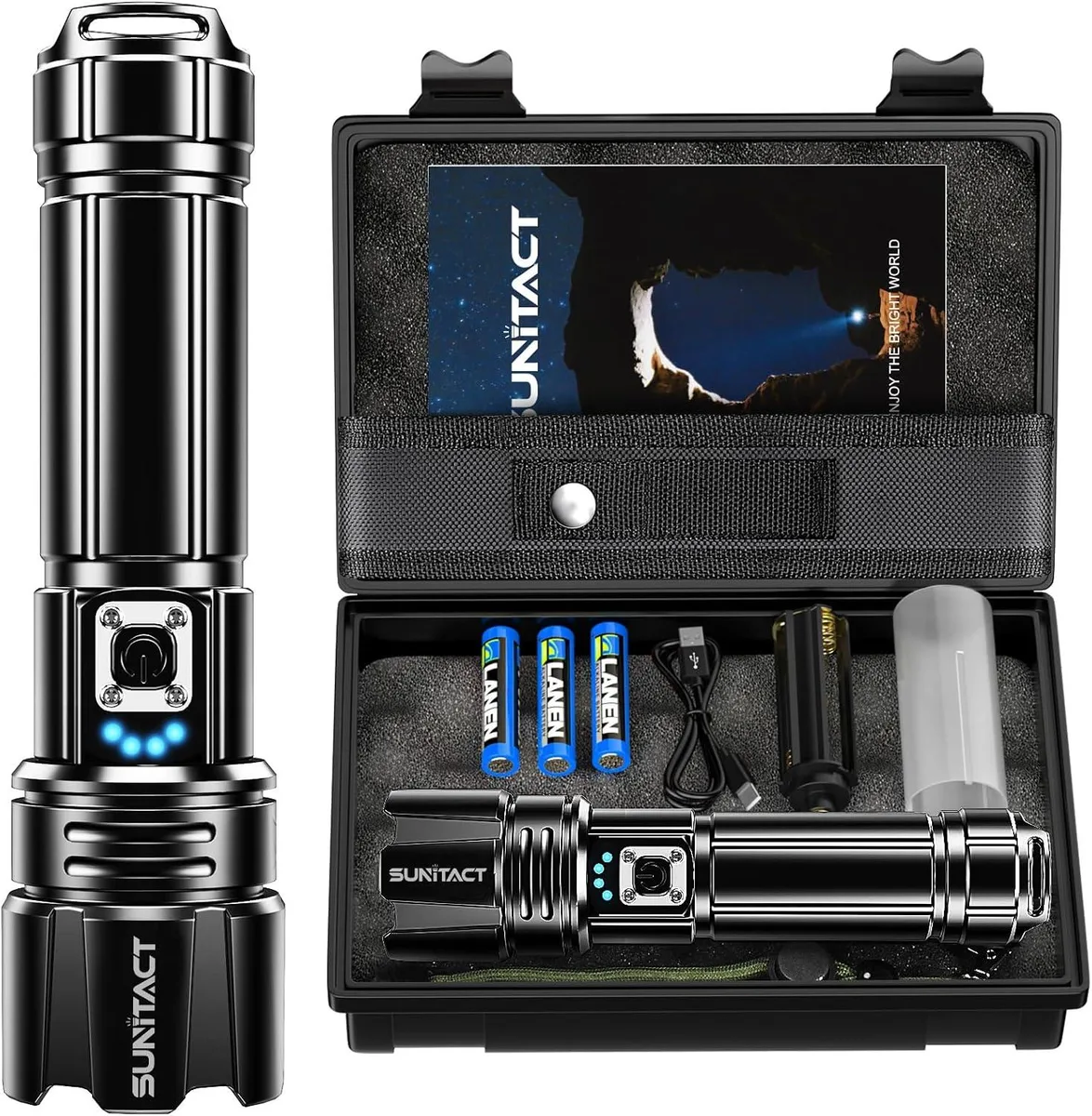 Black cylindrical handheld flashlight with textured grip and USB ports