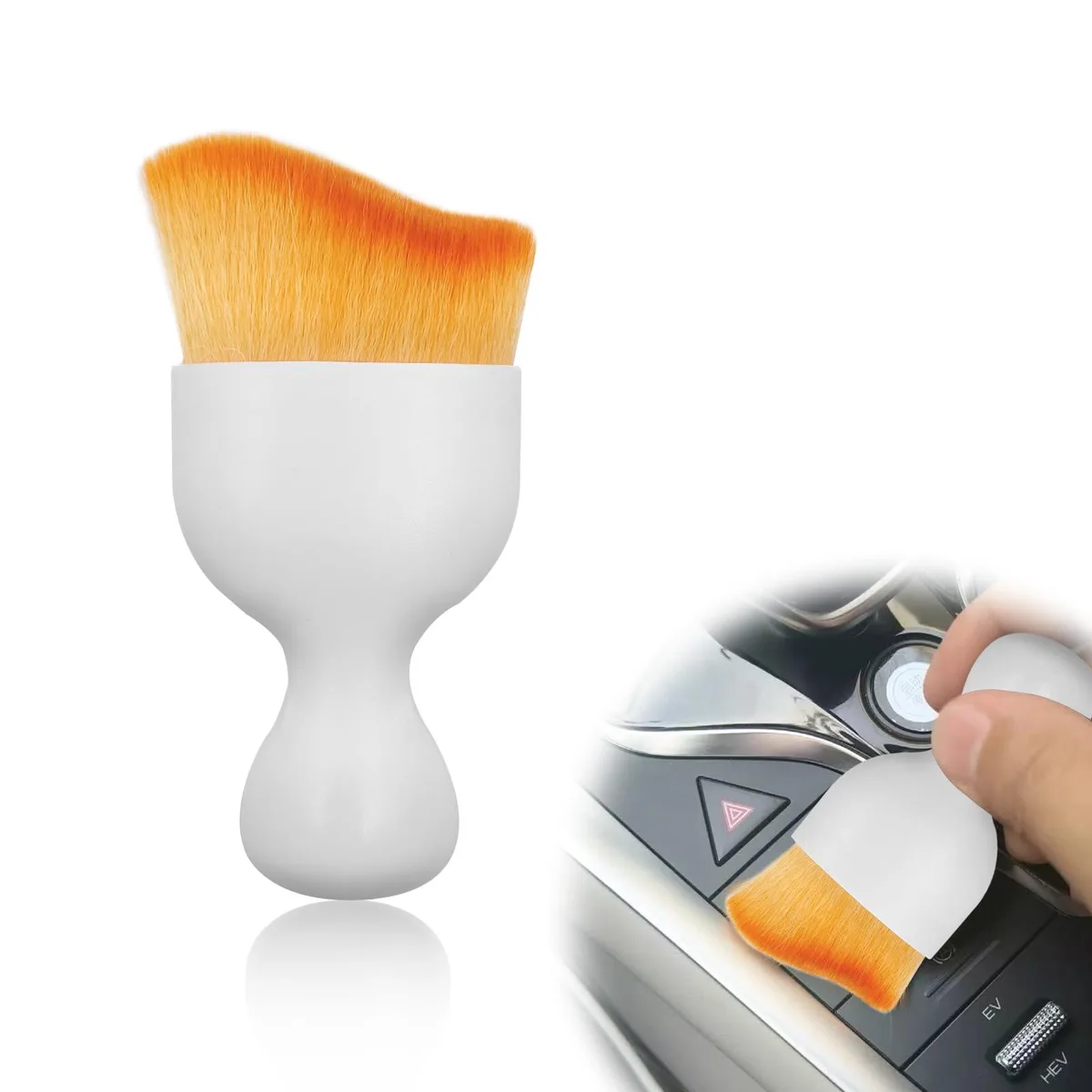 White-handled car interior brush with yellowish-brown bristles