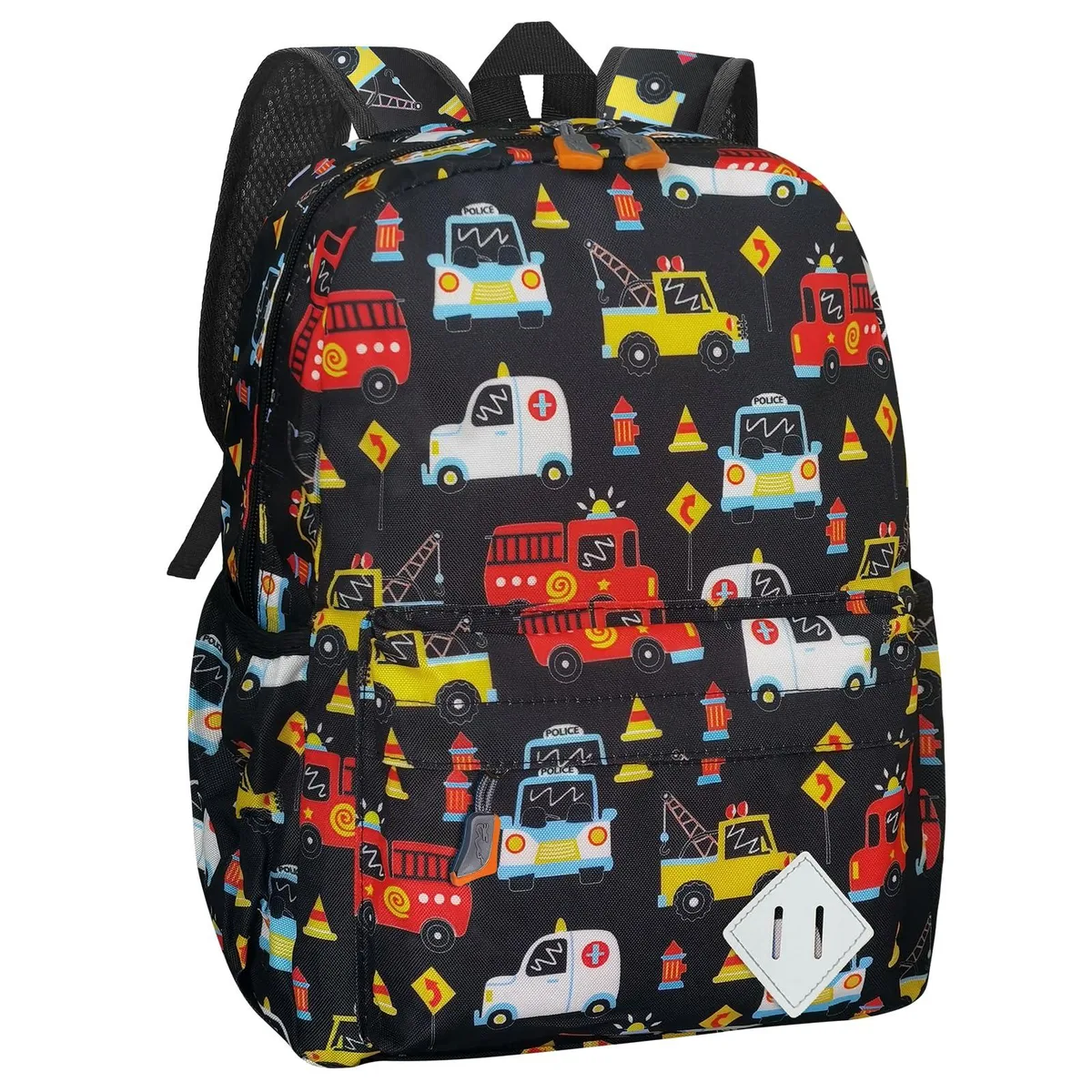 Beige polyester kids backpack with car cartoon print, 15 inch laptop compartment