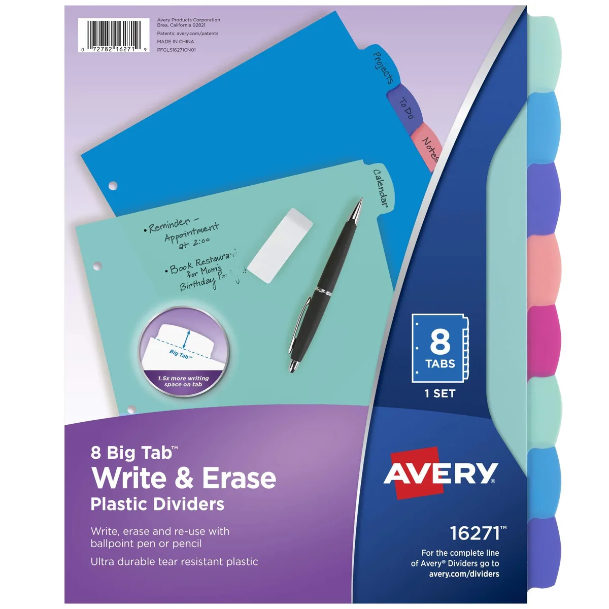 A set of eight pastel plastic binder dividers with large write-and-erase tabs
