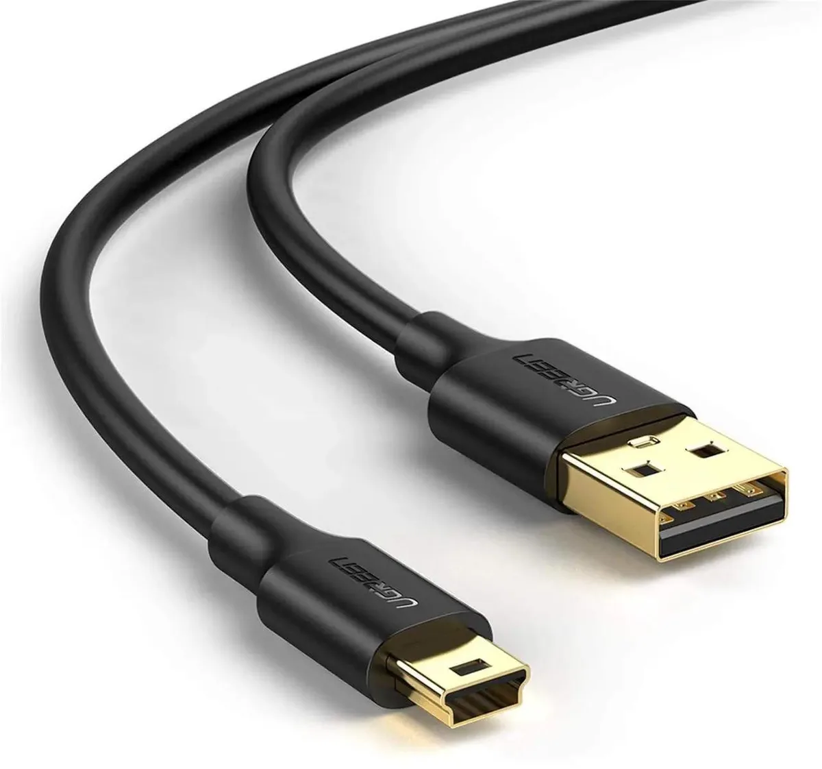 Black Mini USB 2.0 cable six feet long with standard USB A connector