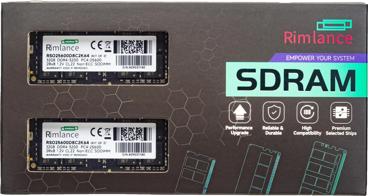 RIMLANCE RIMLANCE RSO25600D8C2K64-1 64GB (2x32GB) DDR4 3200MHz CL22 SODIMM 1.2V laptop RAM — product photo