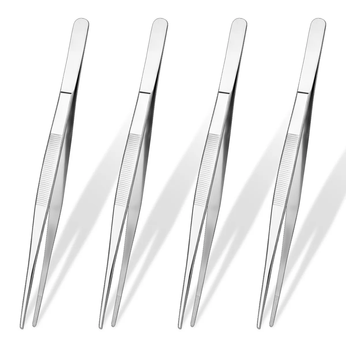 Four silver steel tweezers, 20 cm long, serrated tips, fine points