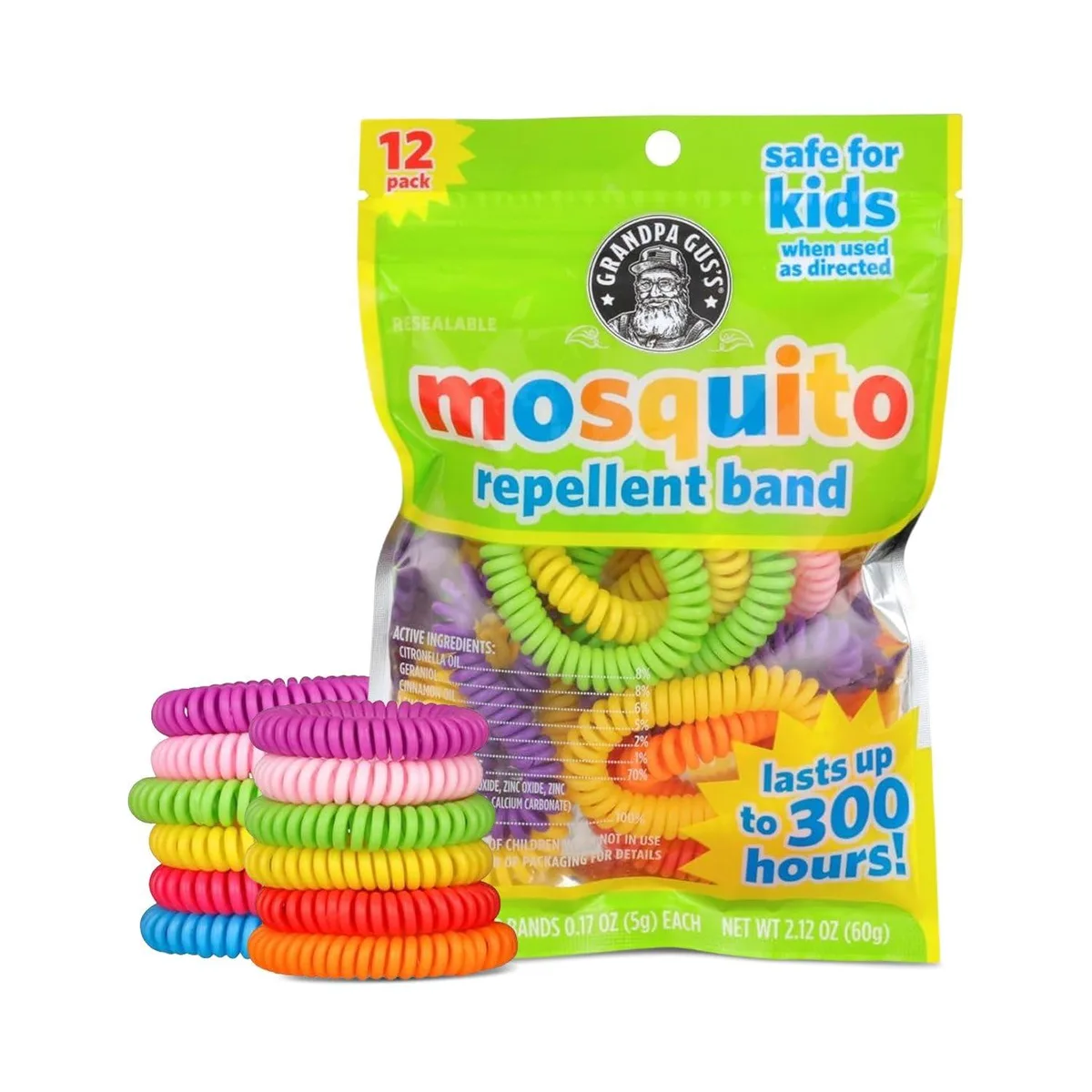 Twelve assorted-colour silicone mosquito-repellent bands in a resealable bag