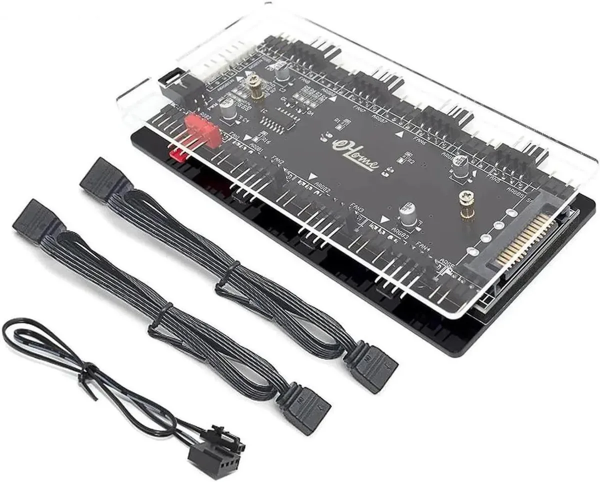 Vszerda Vszerda 12V 4pin to 5V 3Pin ARGB Convertor Controller &amp; 4Pin PWM 2-In-1 Hub 8 Ports — product photo