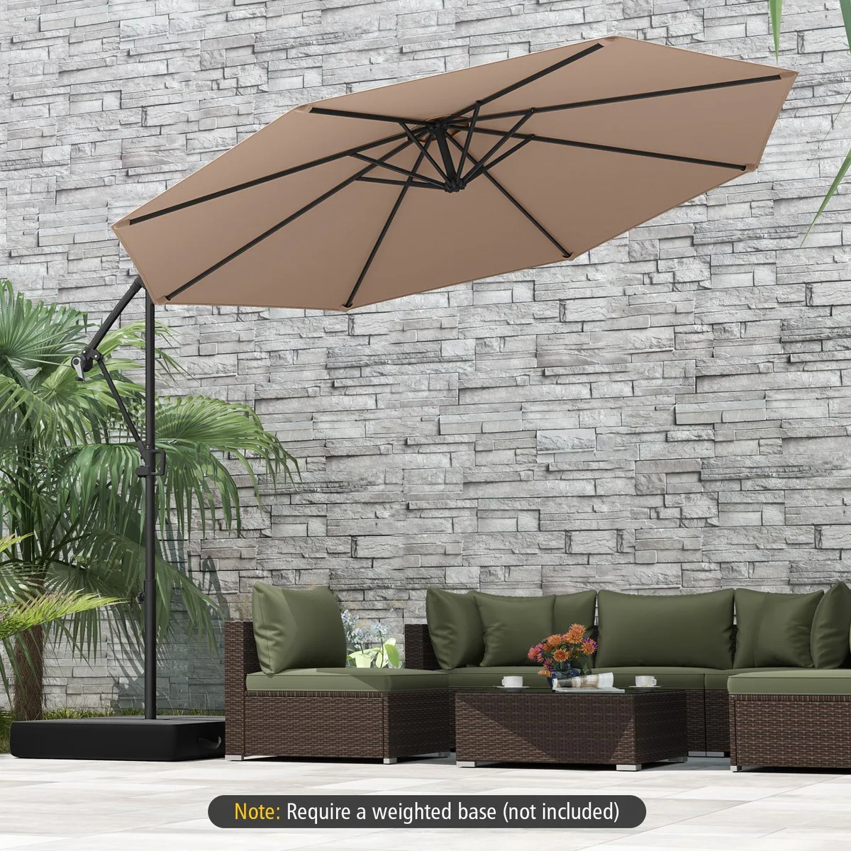 Coffee-coloured 10 ft offset umbrella with base, metal frame, crank handle, air vent, 8 ribs, beige canopy, infinite tilt