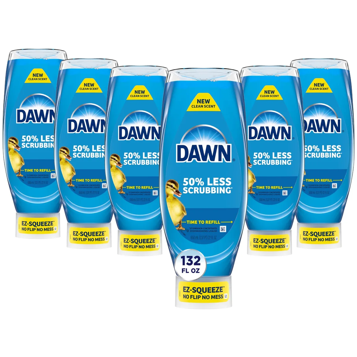 Six white upside-down squeeze bottles with blue caps and yellow labels