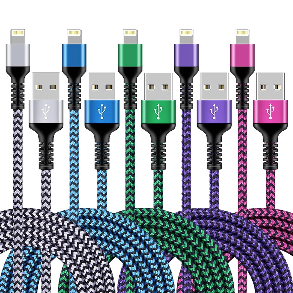 Five braided Lightning cables, six feet long, assorted colours