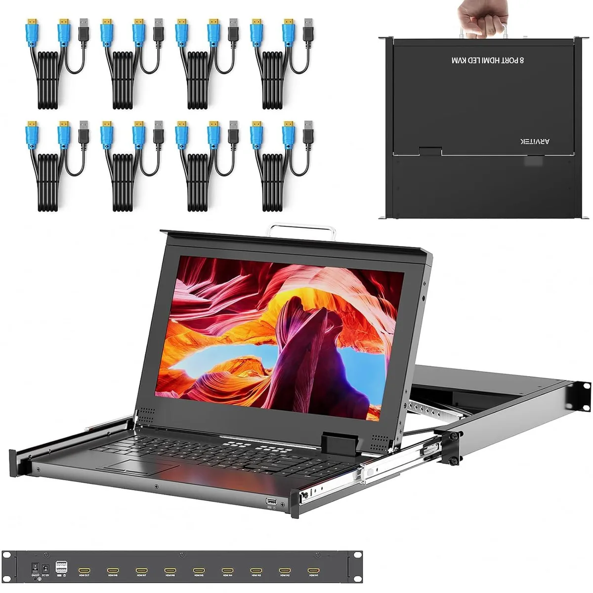 BFKK BFKK 15.6" LCD KVM Switch 8-Port HDMI 1U Rack Mount 600-800mm Cabinet — product photo