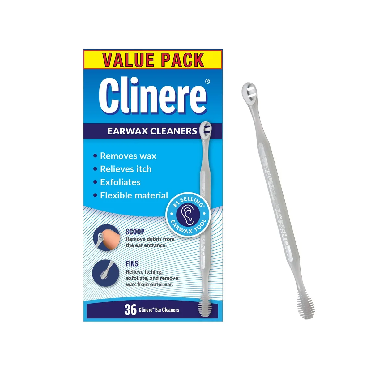 Box of 36 white plastic ear cleaners with scoop and fin ends
