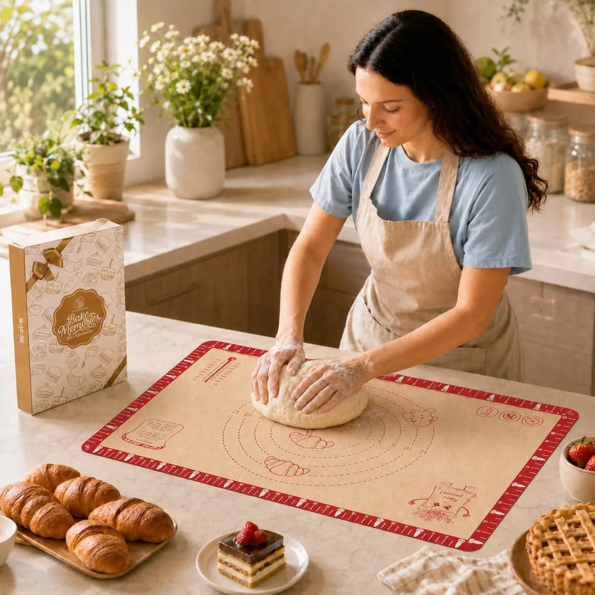 Red-brown rectangular silicone baking mat with printed measurement grid and rounded corners
