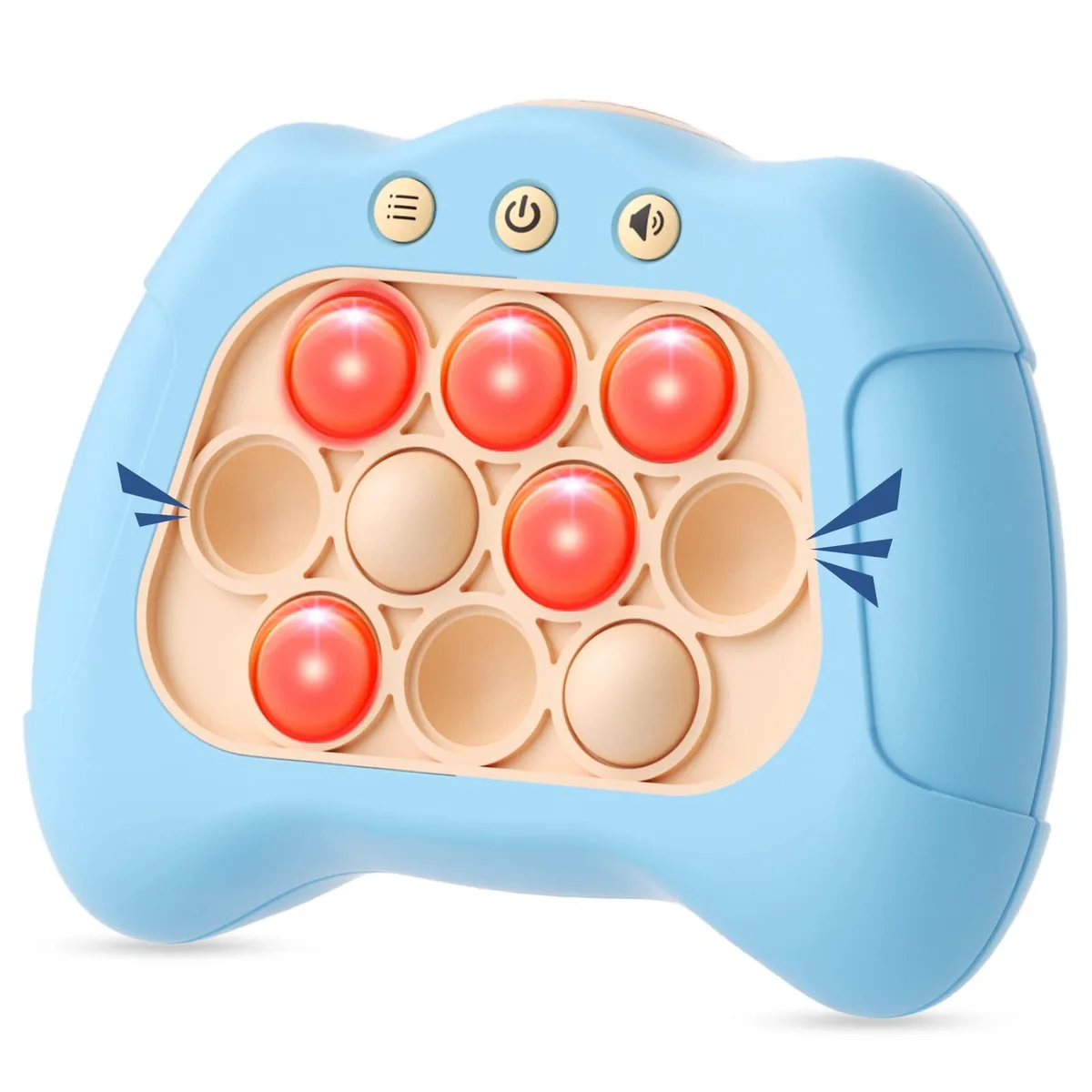 Blue handheld electronic game with light-up silicone bubbles