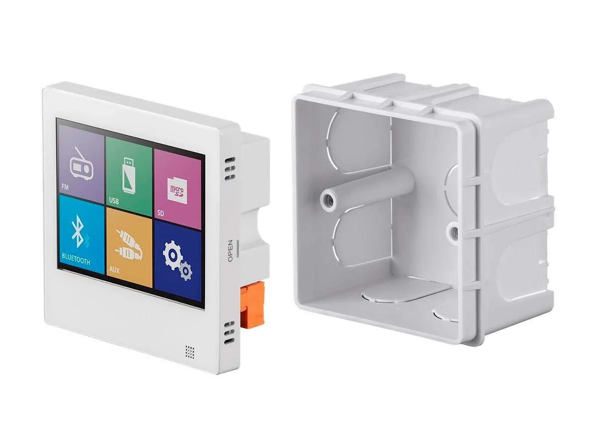 White rectangular wall-mount amplifier with 3-inch touchscreen and Decora finish