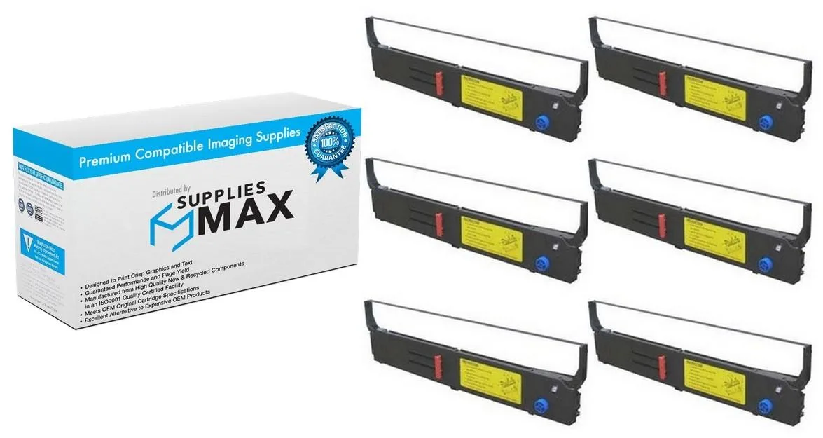 Six black dot matrix printer ribbons in a sealed pack