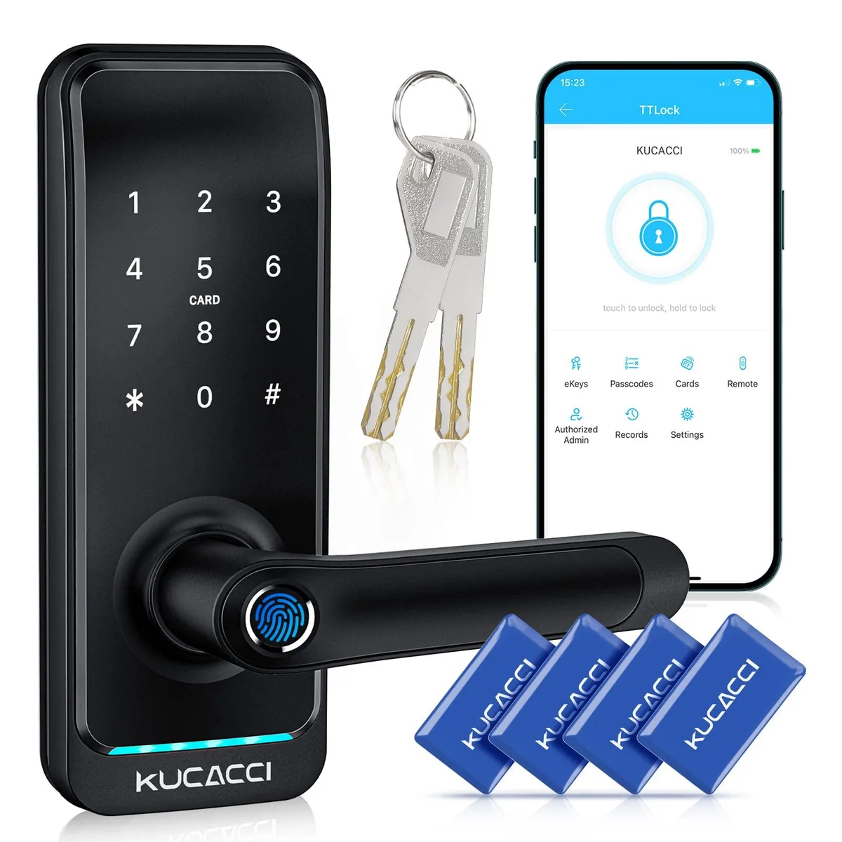 Black smart door lock with handle and keypad, rectangular shape, fingerprint sensor on handle