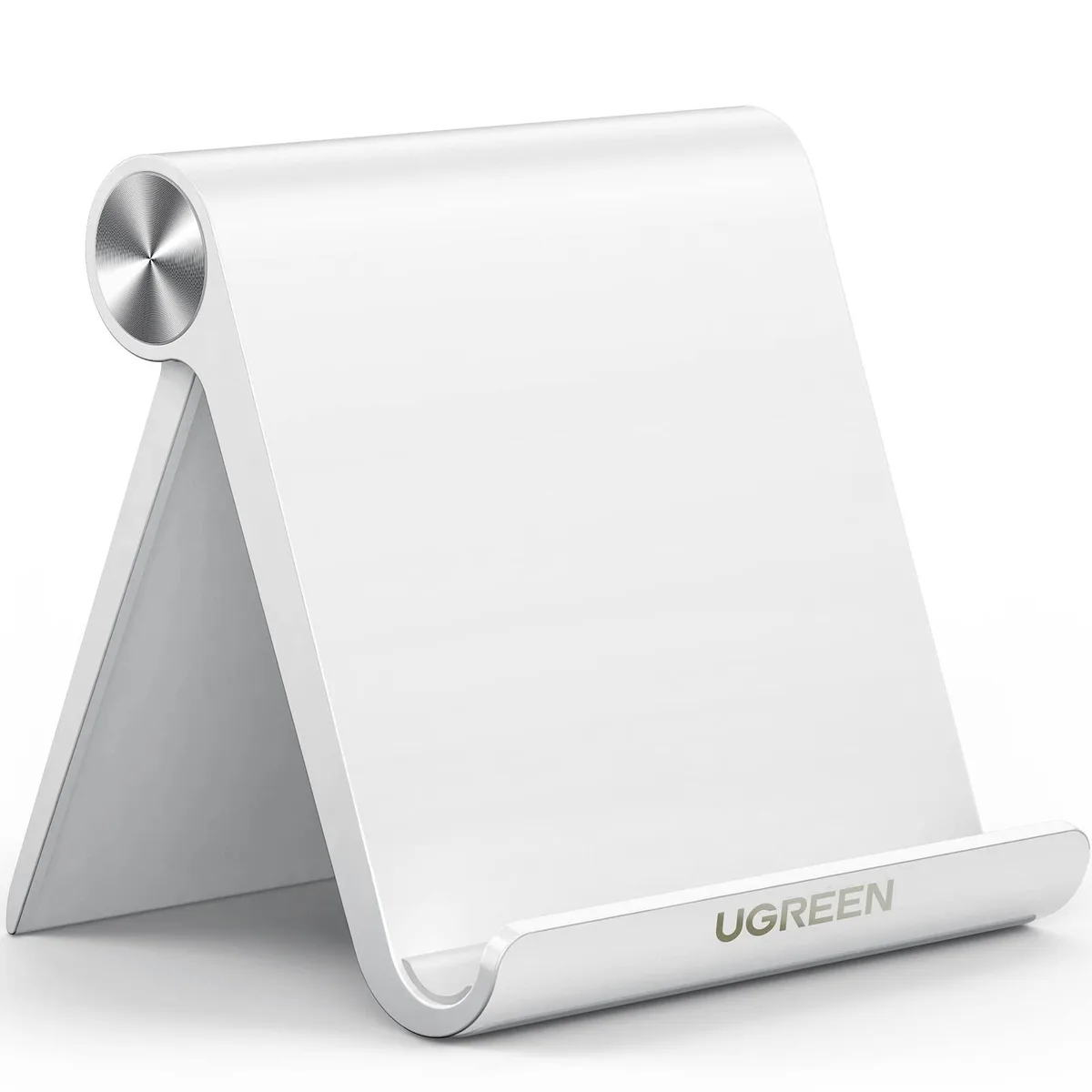 White foldable tablet stand with dual rods and adjustable hinge, shown flat and upright