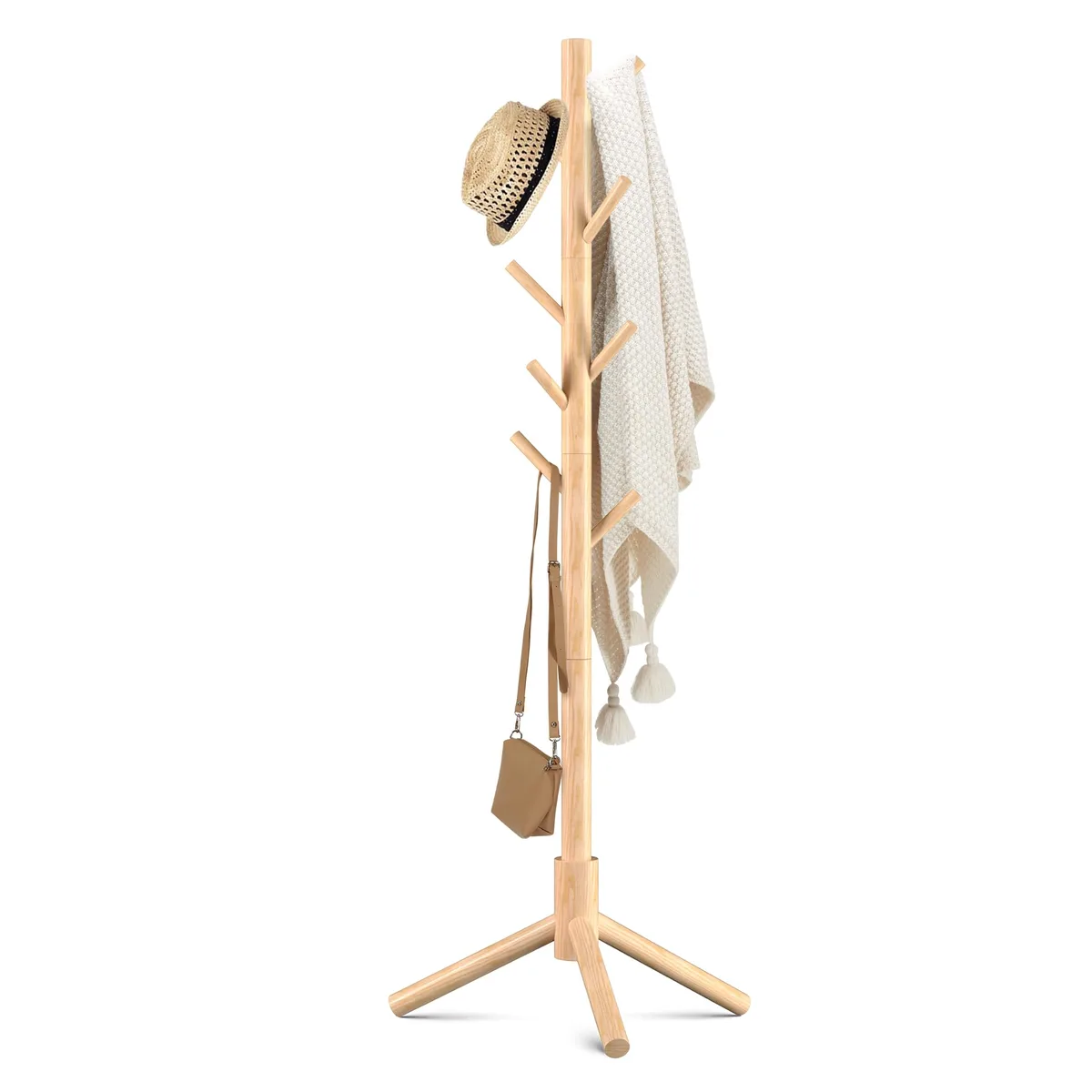 Light wooden freestanding coat rack with three legs and eight hooks