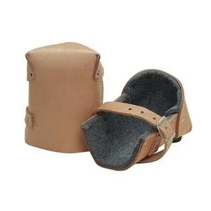 Tan leather knee pads with soft felt lining and adjustable leather strap buckle