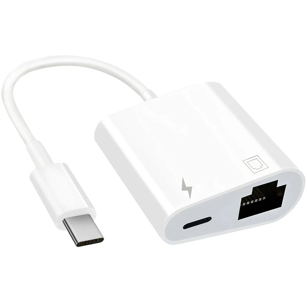 Black USB-C adapter with RJ45 port and PD charging port