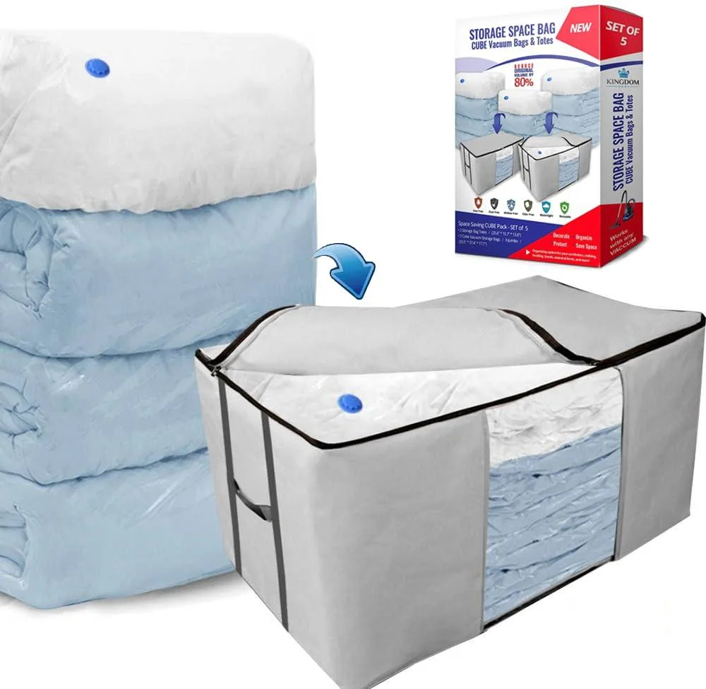 Two fabric storage totes with clear windows and three cube vacuum bags alongside