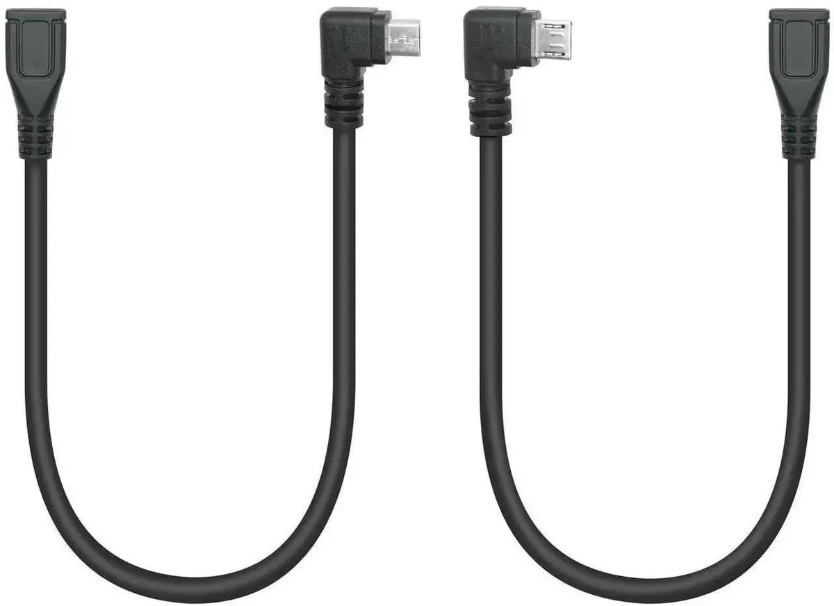Pair of 90 degree angled Micro USB extension cables, left and right connectors, compact form