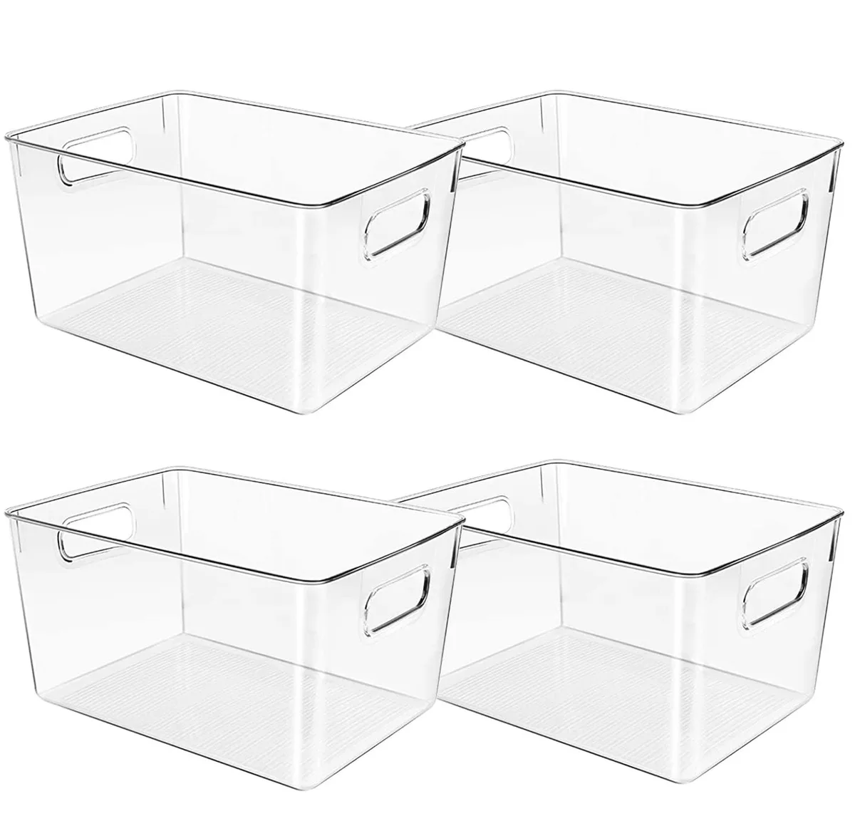 Four clear rectangular plastic bins stacked together, smooth finish, each about 11 by 7.5 by 6 inches