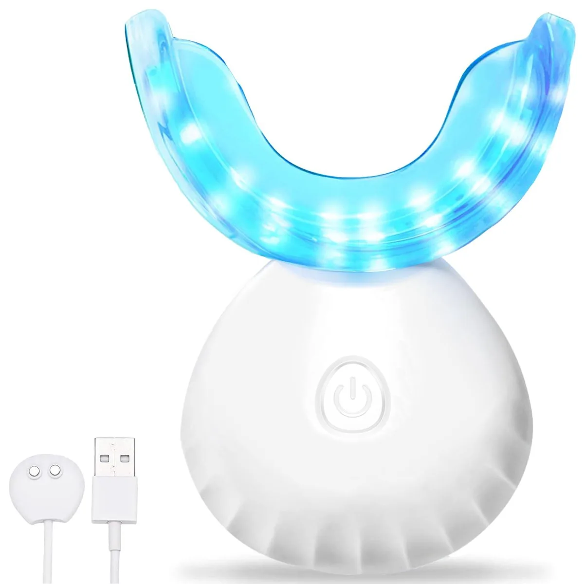 White curved mouthpiece with 16 blue LEDs, USB charging port, single touch button, IPX7 rated