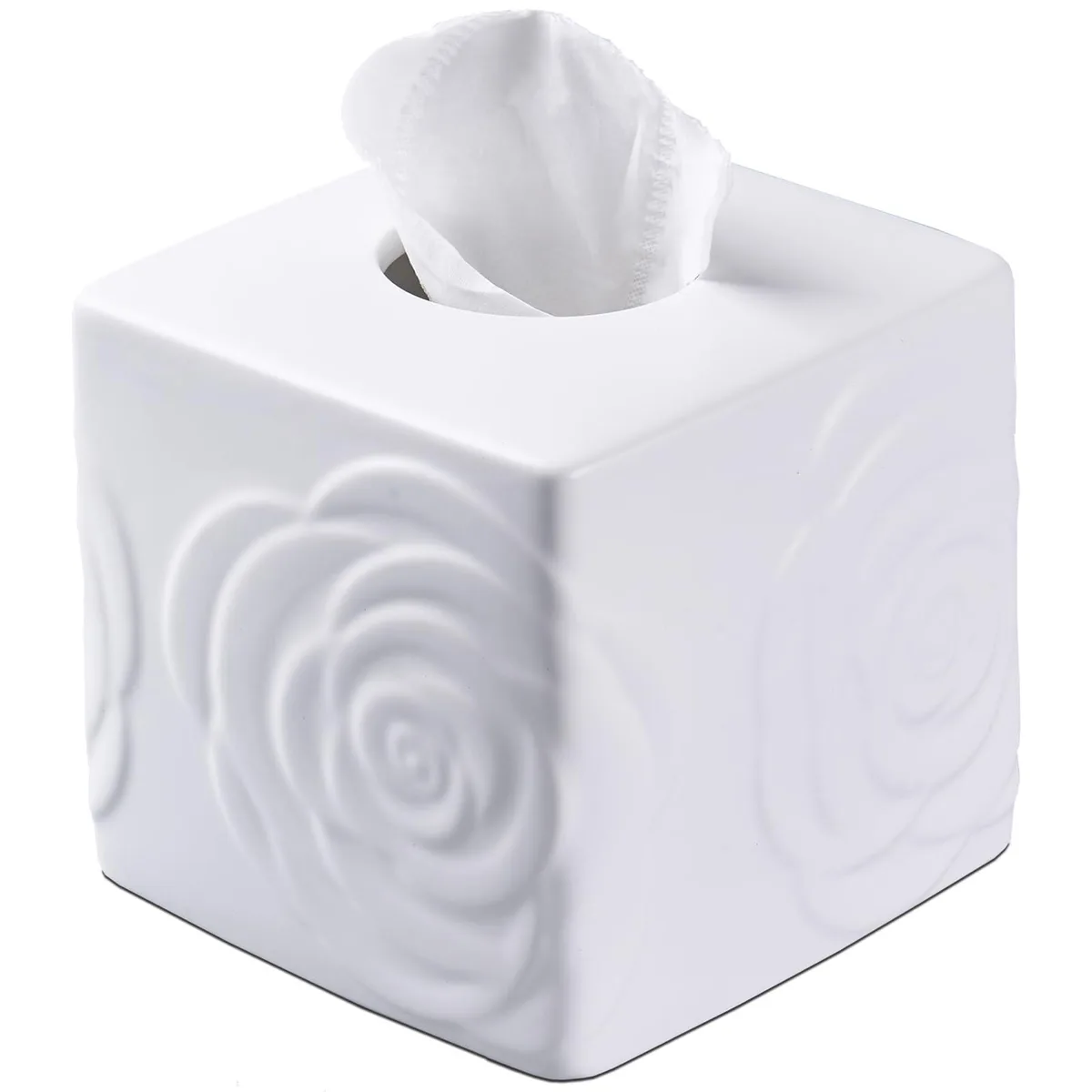 White ceramic tissue box cover with carved rose flowers, square shape, open bottom