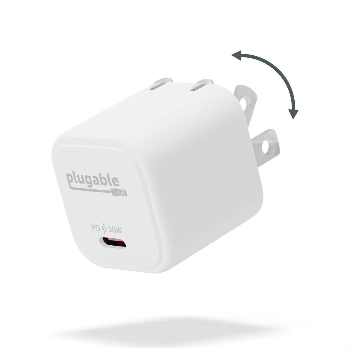 Small white USB-C wall charger with foldable prongs