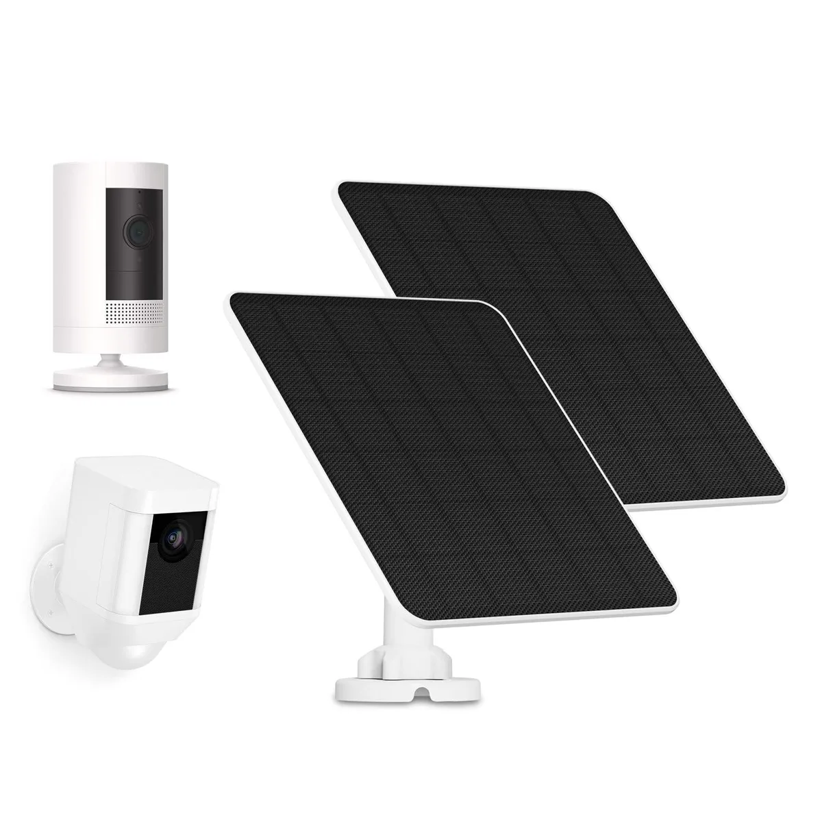 Two flat rectangular solar panels with adjustable brackets and cables, matte dark finish