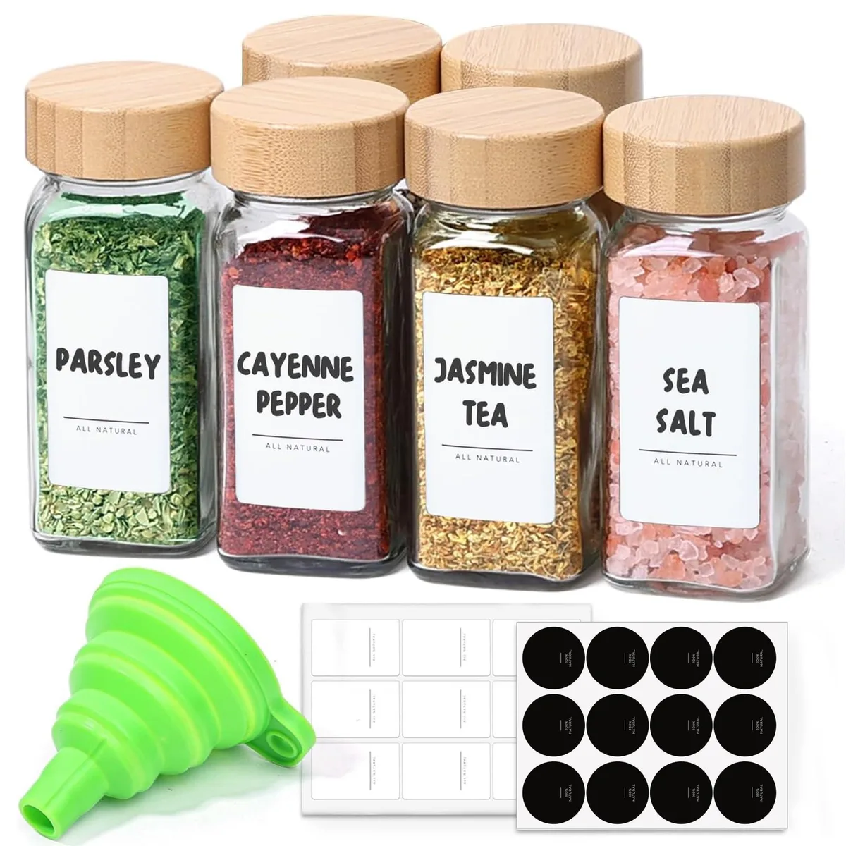 Six square glass spice jars with bamboo lids and labels