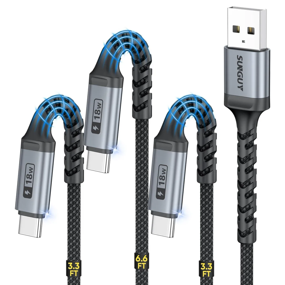 Three orange braided USB-A to USB-C cables, two short and one long