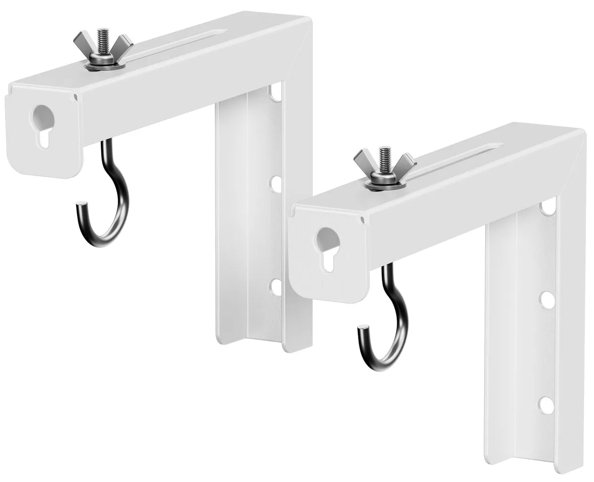 Two white L-shaped steel brackets with mounting hardware