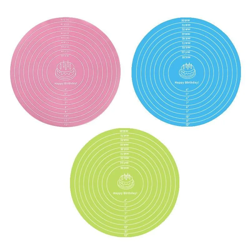 Three 12 inch round silicone baking mats in pink blue green with measurement markings