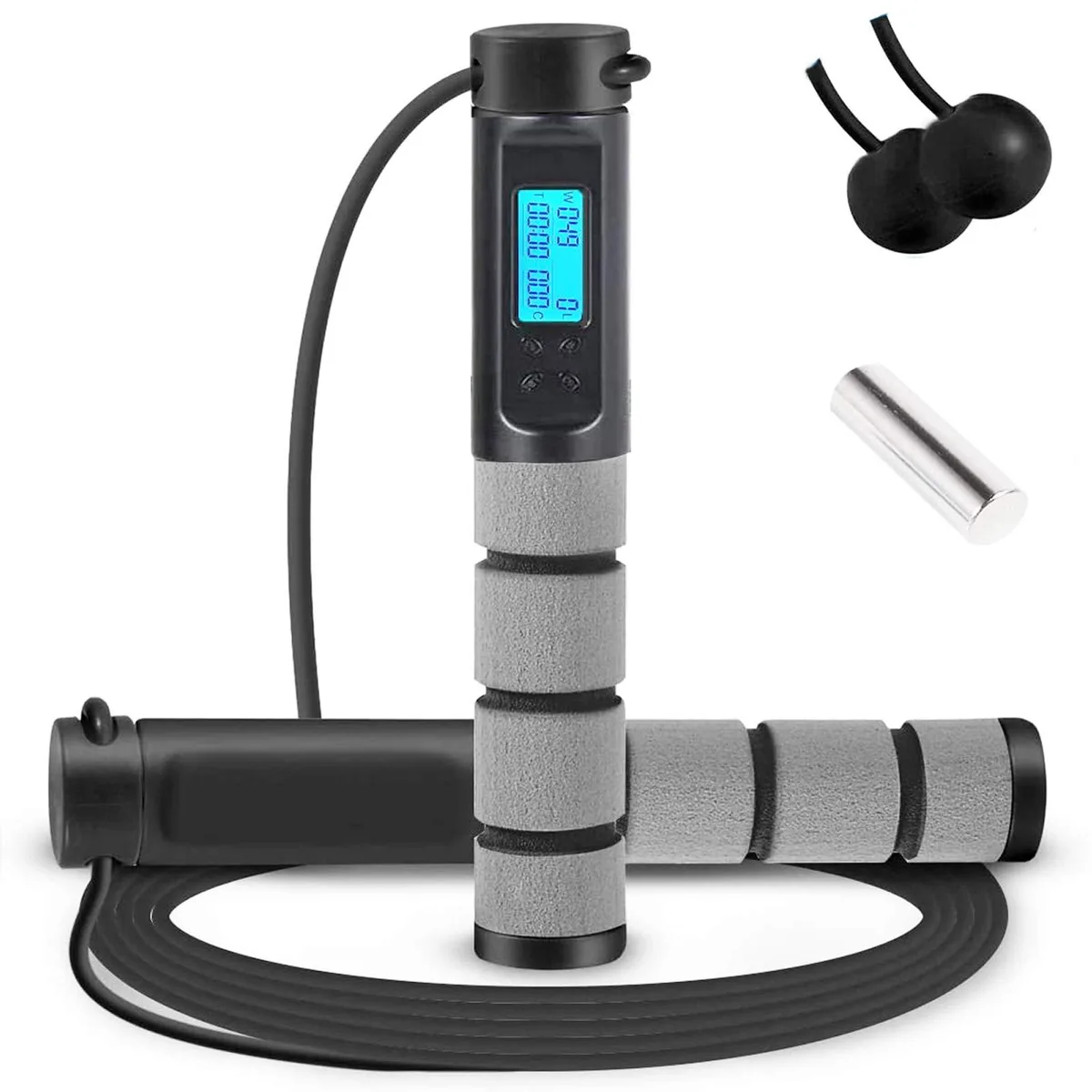 Black weighted jump rope with digital counter handles and cordless balls