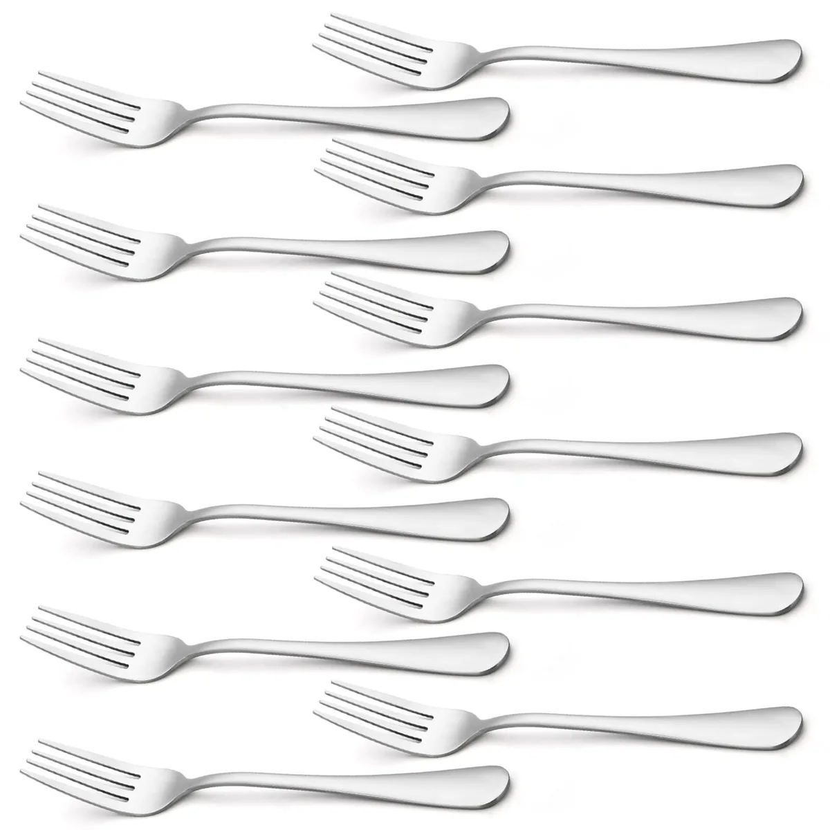 Twelve silver stainless-steel dinner forks with mirror-polished finish and ergonomic handles