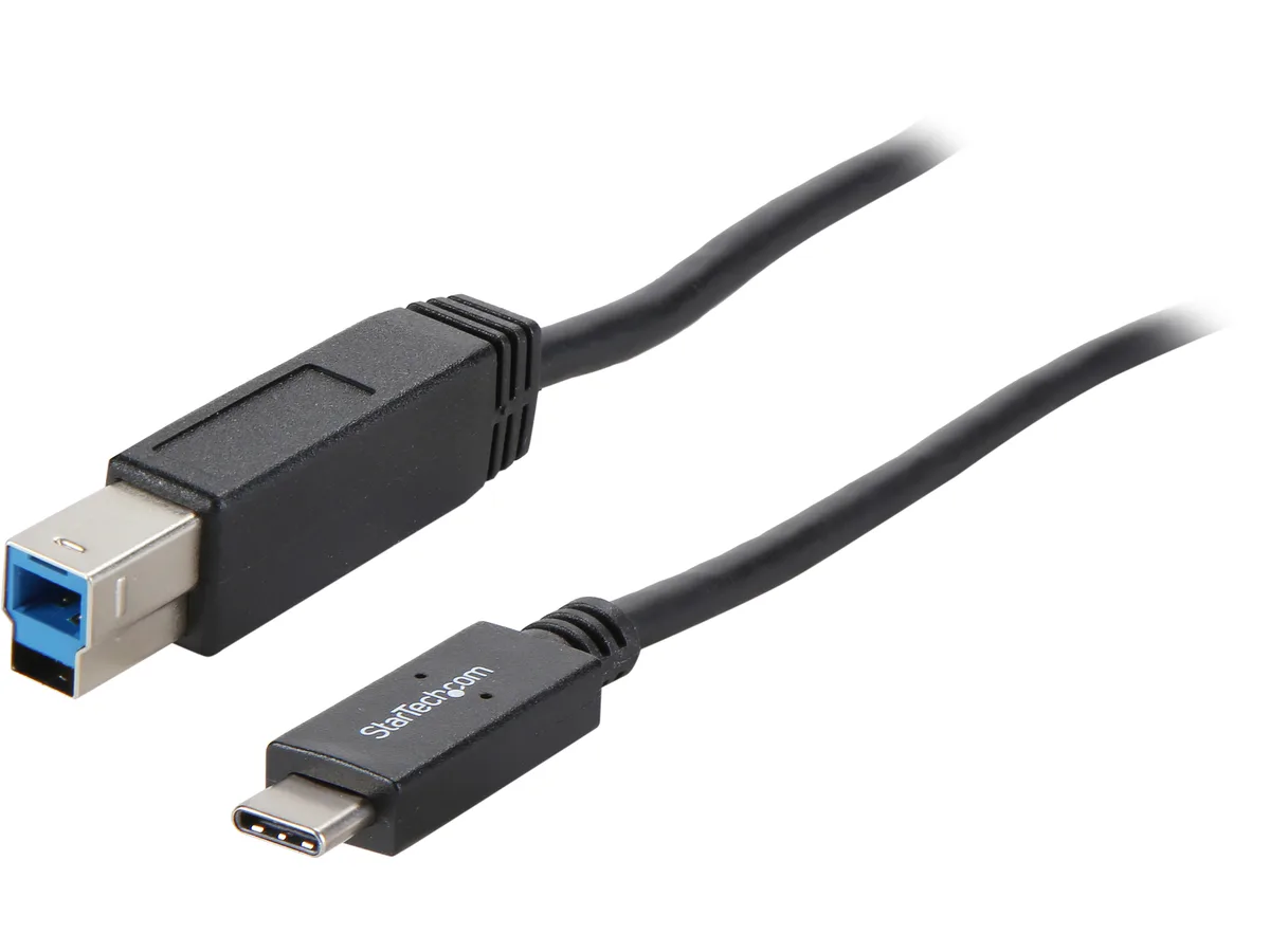 Black USB 3.0 Type-C to Type-B cable, 2m, straight nickel-plated connectors, PVC jacket