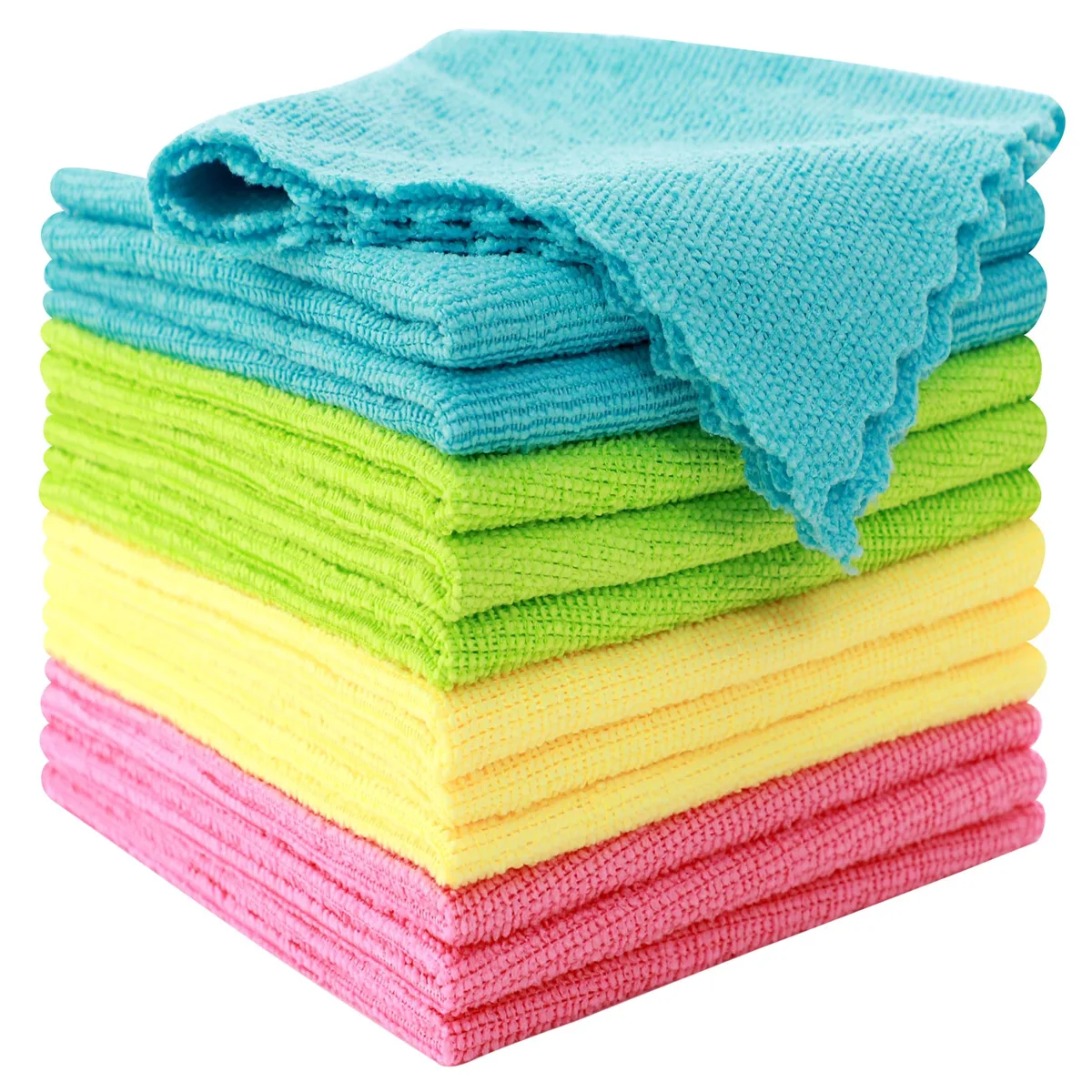 Twelve square microfiber cloths in green blue yellow pink, each 11.81 inches square