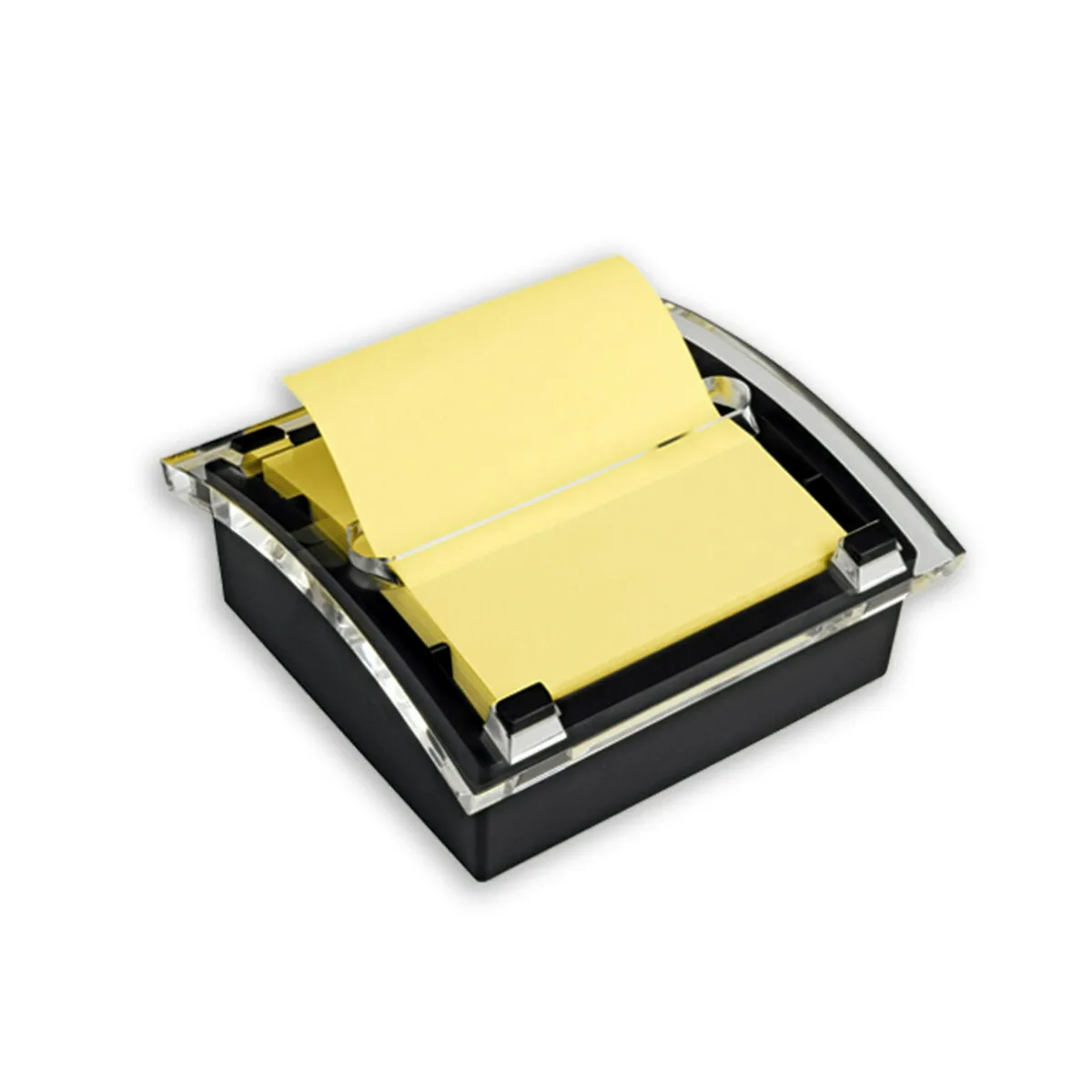 Black desktop dispenser with clear lid holding 50 yellow notes